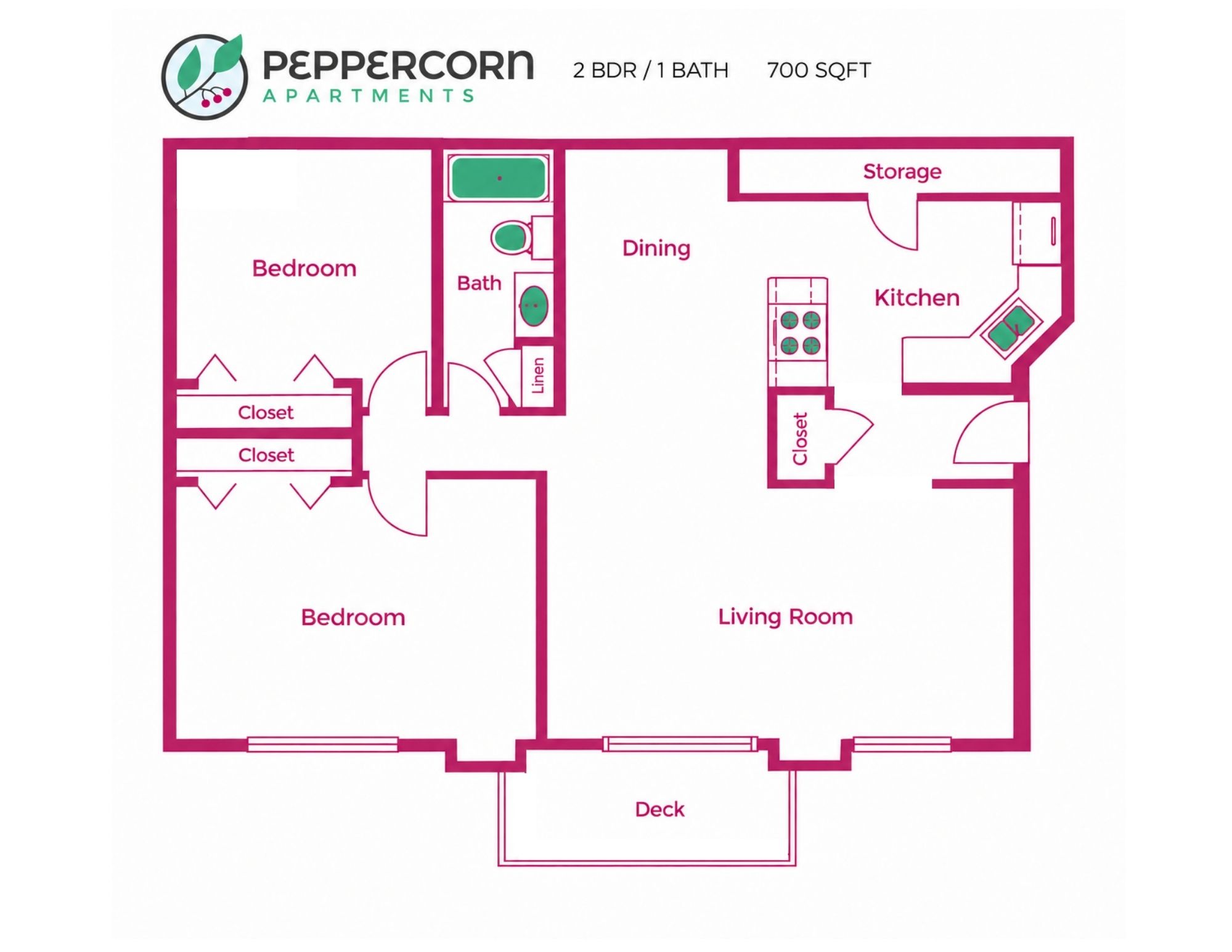 Floor plan for 2 beds, 1 bath, 700 sqft